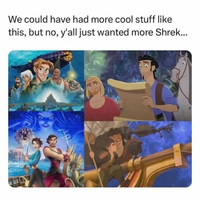 Collage of '90s animated movie scenes, highlighting the era's diverse artistic styles and adventures.