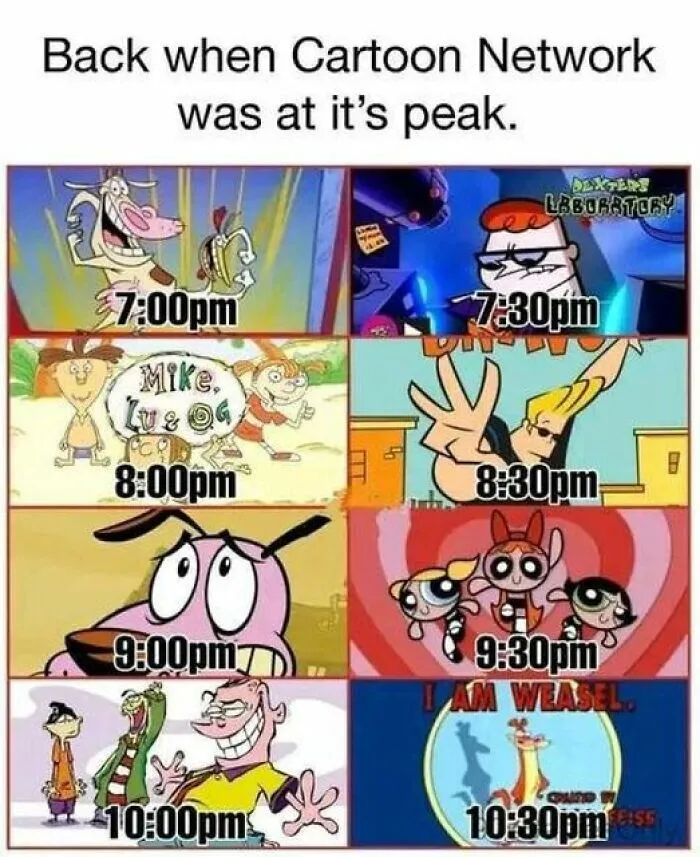Cartoon Network schedule showcasing iconic '90s shows like Dexter's Lab and Powerpuff Girls.