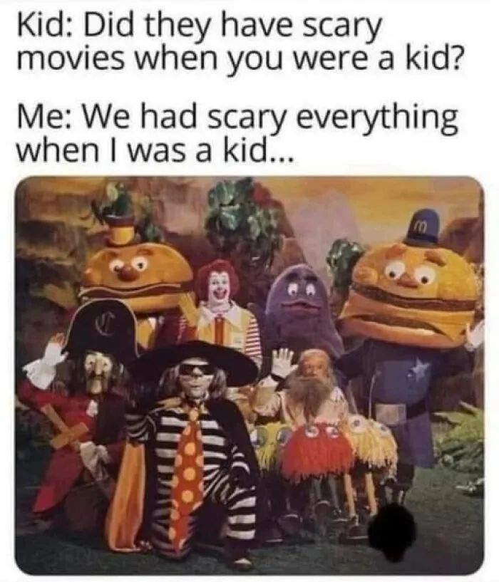 '90s nostalgia meme with text about childhood fears, featuring vintage fast food characters in colorful costumes.