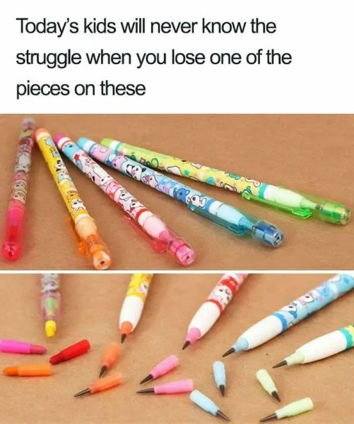 '90s meme showing colorful stackable pencils with interchangeable tips on a table.
