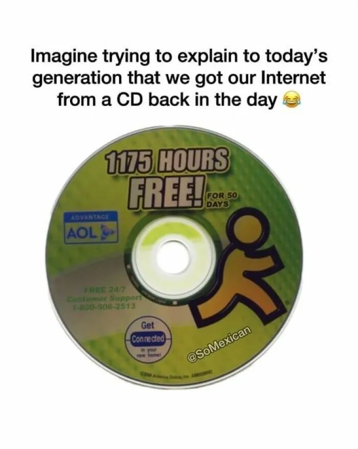 '90s meme showing an AOL CD offering 1175 free hours of internet access.
