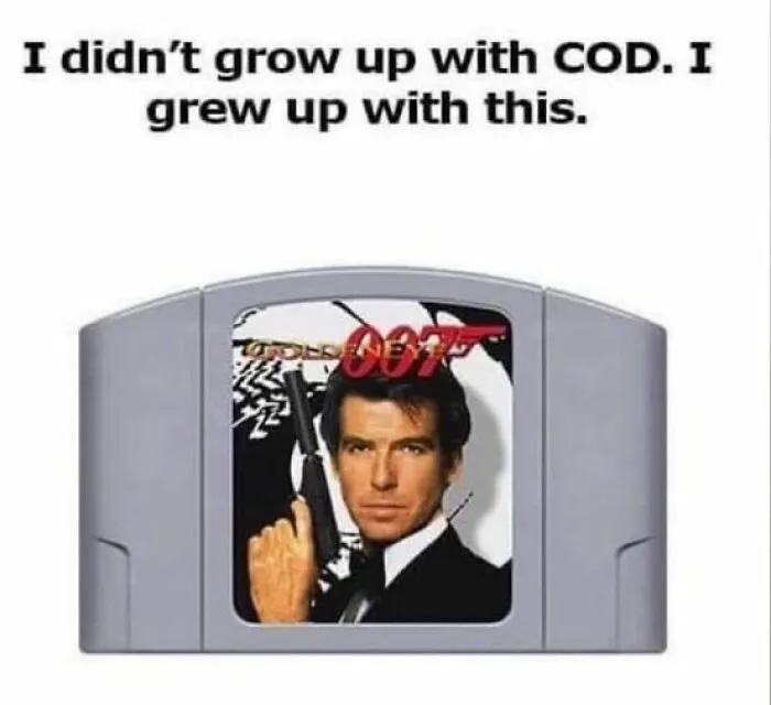 ‘90s meme featuring a Nintendo 64 game cartridge with a 007 cover, contrasting COD with nostalgic gaming.