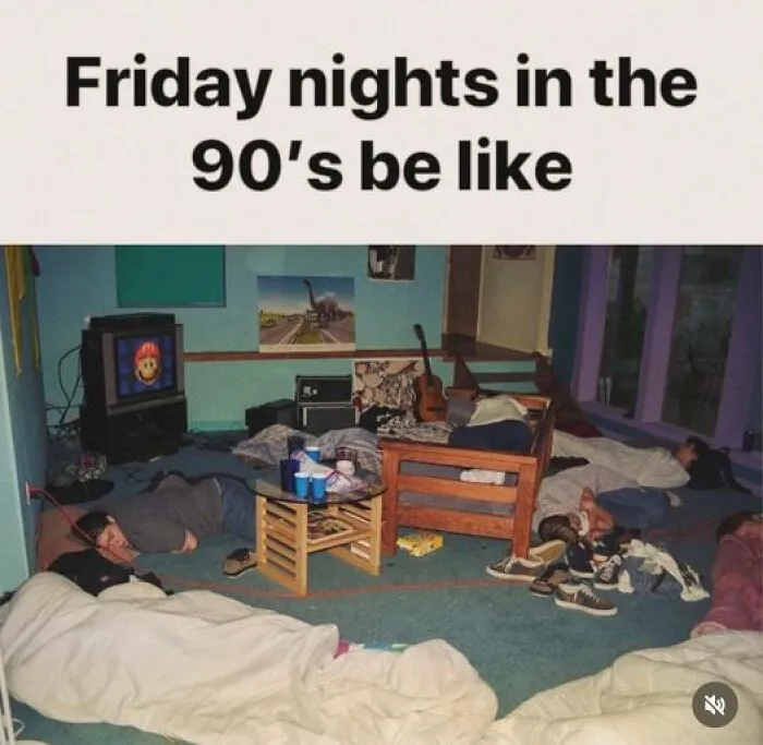 '90s nostalgia meme featuring a living room sleepover with kids.
