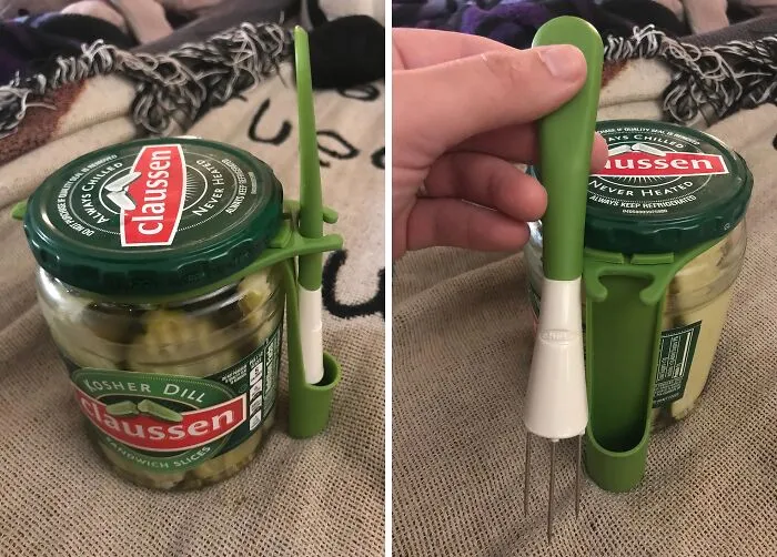"A pickle fork off Amazon. It’s a silicone round thing that sits around the top of the pickle jar and holds a little three prong pickle fork thing. No more digging for pickles." - <span Style="Font:inherit;color:#808080"> Trick_Cherry1347</Span>