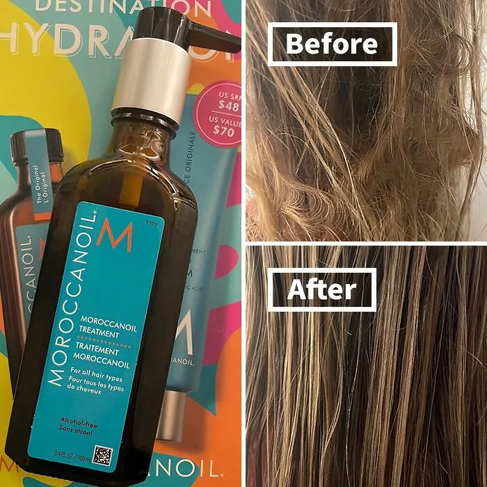 Before: Frizzy, Unmanageable Hair That's Seen Better Days <br><br> After: <a Style="Display:inline;" Href="Https://Www.amazon.com/Dp/B001ao0wcg?psc=1&pf_rd_p=8c2f9165-8e93-42a1-8313-73d3809141a2&pf_rd_r=s9jz9n4wrkcmva3vx7kw&pd_rd_wg=l981q&pd_rd_w=owoxg&content-ID=amzn1.sym.8c2f9165-8e93-42a1-8313-73d3809141a2&pd_rd_r=d7bdcab1-Aff4-46b0-AC86-3bf61c55c406&s=beauty&sp_csd=d2lkz2v0tmftzt1zcf9kzxrhaww&linkcode=ll1&tag=bpbobcat-20&linkid=95217dc665788dd647b16e2fca4378ea&language=en_us&ref_=as_li_ss_tl" Target="_blank"><span Style="Font: Inherit; Color: #d74b1f;"> Moroccanoil Treatment</Span> Works Its Magic, Leaving Your Hair Silky Smooth And Ready To Conquer The World