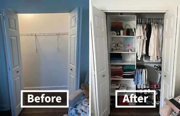 Before: A Jumbled Mess Of Clothes, Shoes, And Accessories Spilling Out Of Your Closet, Making Getting Dressed A Daily Struggle <br><br> After: The <a Style="Display:inline;" Href="Https://Www.amazon.com/Closetmaid-24869-Suitesymphony-25-Inch-Starter/Dp/B01f2ii920?ie=utf8&linkcode=ll1&tag=bpbobcat-20&linkid=0c5768e46d73b6d4b511aeffd9ffac0c&language=en_us&ref_=as_li_ss_tl" Target="_blank"><span Style="Font: Inherit; Color: #d74b1f;"> All-In-One Closet Organizing Kit</Span> Swoops In To Save The Day, Transforming Your Chaotic Wardrobe Into A Perfectly Curated Boutique