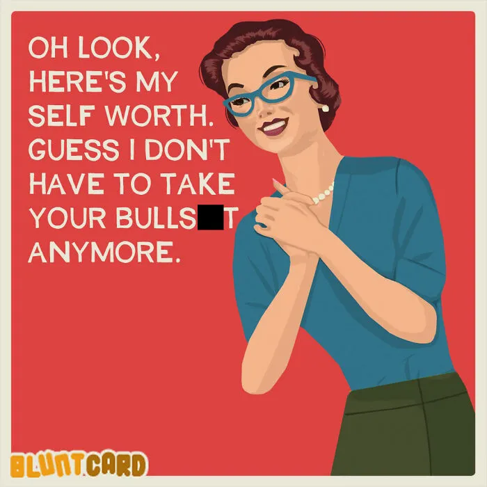Bluntcards: Woman with glasses and self-worth, featuring dark humor and sarcasm.