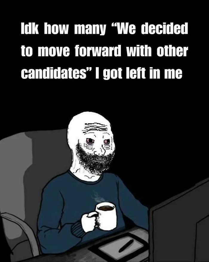 Illustration of a tired person with a mug at a computer, reflecting on job hunting rejection in recruiting hell.