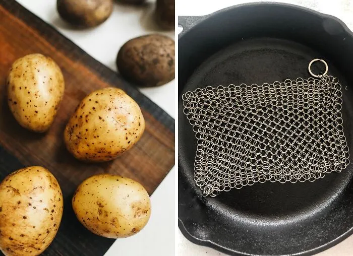 A simple potato and some salt can work wonders for removing rust from cast iron, but for truly effortless cleaning, try a <a style="display:inline;" href="https://www.amazon.com/Cleaner-Stainless-Chainmail-Scrubber-Pre-Seasoned/dp/B07QGC4X4Y?crid=3EOL5VJDEPN93&dib=eyJ2IjoiMSJ9.No-fD03TFh5wES1dn_yDW9dX5dpczSR5Ah7itX2cYRRjzOKrE0L52wshuG2Th_m4gLCoqxdip8IAUYfMLEaumfZiZQcwyi1A34yQFv18UlpC28jHaCjgU32AanAcxku_GKB21ew2vpcYF7BtMDI0HhWKYAt3GfJqa1jDdfgdC8PX9Y-PcFBTiQcJZmuro92dHeuSWLHlCnwdKjAJKU08ePJDJpeey4gm2k8NaAnRCAWnHEcbW45ZwPrcPa7KUNoDe0-mkChVuZXjXWqspUHqco5a7wtSqCJs-FzQBfuhizU.YOGkSScwNvfOMsA6vaIu0MF5VmPU9PRoRN3mEI9ZpRM&dib_tag=se&keywords=cast+iron+cleaner&qid=1724313715&sprefix=cast+iron+cleane%2Caps%2C234&sr=8-1-spons&sp_csd=d2lkZ2V0TmFtZT1zcF9hdGY&psc=1&linkCode=ll1&tag=bpwhale-20&linkId=56083149e5167559e29dd70957decfd7&language=en_US&ref_=as_li_ss_tl " target="_blank">     <span style="font: inherit; color: #d74b1f;"> stainless steel chainmail scrubber</span>.