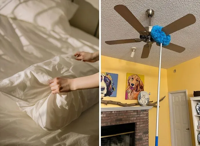 Dust off those hard-to-reach ceiling fan blades with ease!  A pillowcase can do the trick, but for a more efficient and mess-free cleaning experience, grab the <a style="display:inline;" href="https://www.amazon.com/Microfiber-Removable-Extension-Bookshelves-Furniture/dp/B0CDKMD1QB?crid=1KMMNVCENK2K6&dib=eyJ2IjoiMSJ9.p7L6zXkPu-h9HKU9ousY3zMyD22pxqCdl0eQhumVKkMvozaLzUS3B6tDUf8LhtVKgYmckiFBN8HY4Ub0t2VgzAsEeUV7iSzR7e4qro-qVI0QbxdhaxDOvJJ1ns2ia1P9mnreF55paK-hn9F4covZxlSKO7mRYSOUtW6exOCHMPv0csqPQEm2Rj3cLaaH1mjwdGJdobazE7T_1YYrHGIPTyScEdYQXancyjnHah9uT07Hse8_yxB_2p9XqYp5PpD4bPNKwfHZkgrOQYnZmttNLLxtjoWeAHrH3X4K1JNrg5s.CckoRzX3C1uuIc45yevXNXMq37kBT-cQNal2OyjKuzE&dib_tag=se&keywords=ceiling%2Bfan%2Bcleaner&qid=1724314210&sprefix=ceili%2Caps%2C242&sr=8-2-spons&sp_csd=d2lkZ2V0TmFtZT1zcF9hdGY&th=1&linkCode=ll1&tag=bpwhale-20&linkId=9fb18c6ddec43d4ccc42950519b69a68&language=en_US&ref_=as_li_ss_tl " target="_blank"><span Style="font:inherit;color:#d74b1f;">Acreusable Microfiber Ceiling Fan Blade Cleaner</span>. Its unique design traps dust and grime, leaving your fan blades sparkling clean without scattering dust all over your room.