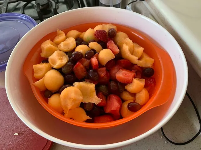 Store Your Fruit Salad In A Strainer Inside A Larger Bowl. It Keeps The Fruit Above The Juices, And You Can Just Take The Strainer Out And Dump The Juice Out Of The Bowl Every So Often. The Fruit Stays Fresh Much Longer!
