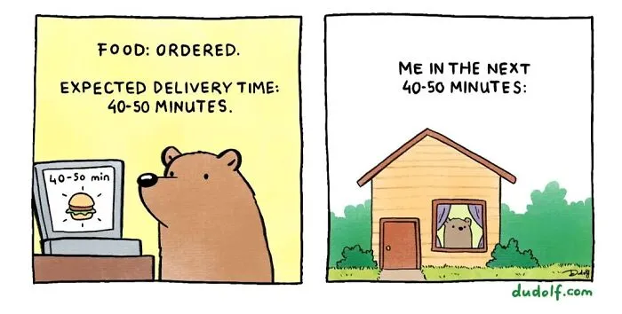Bear waiting for food delivery in comic. Left: order confirmation. Right: bear staring at door. Humorous comic art.