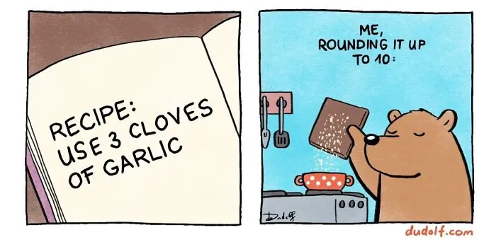 Bear humorously adds extra garlic to a recipe in a comic strip.