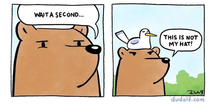 Bear realizing it's a bird on its head, not a hat; chuckle-worthy comic by artist Dudolf.