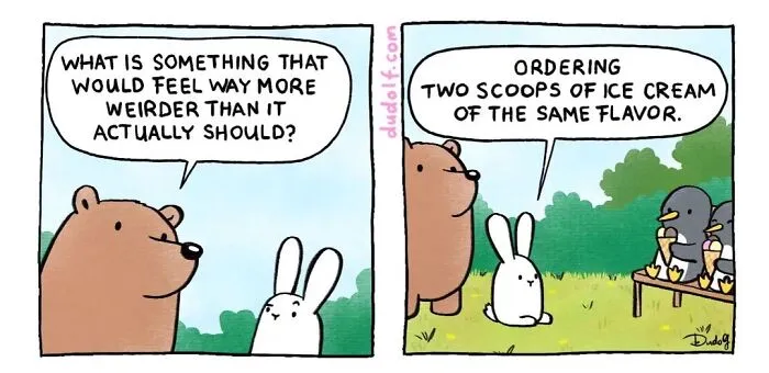 Cartoon of a bear and rabbit talking about the weirdness of ordering two ice cream scoops of the same flavor.