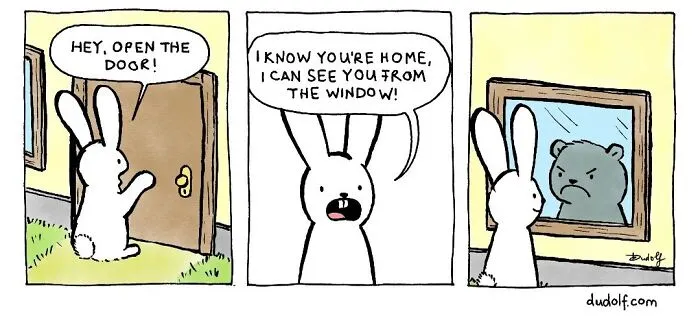 Bunny at door says, "Hey, open the door!" Sees bear in window. Chuckle-worthy comics scene by artist Dudolf.
