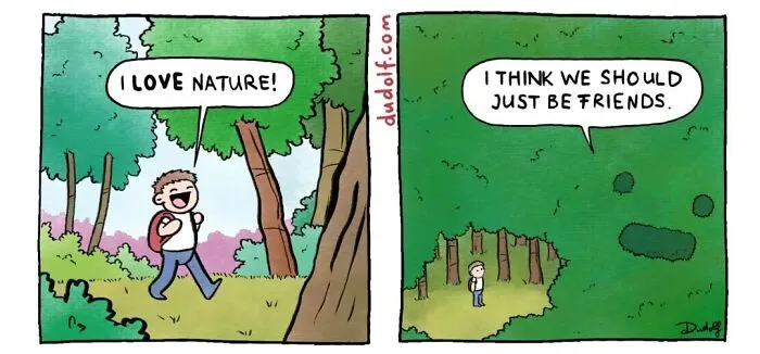 Comic strip by artist featuring humorous dialogue between person and nature in a forest setting.