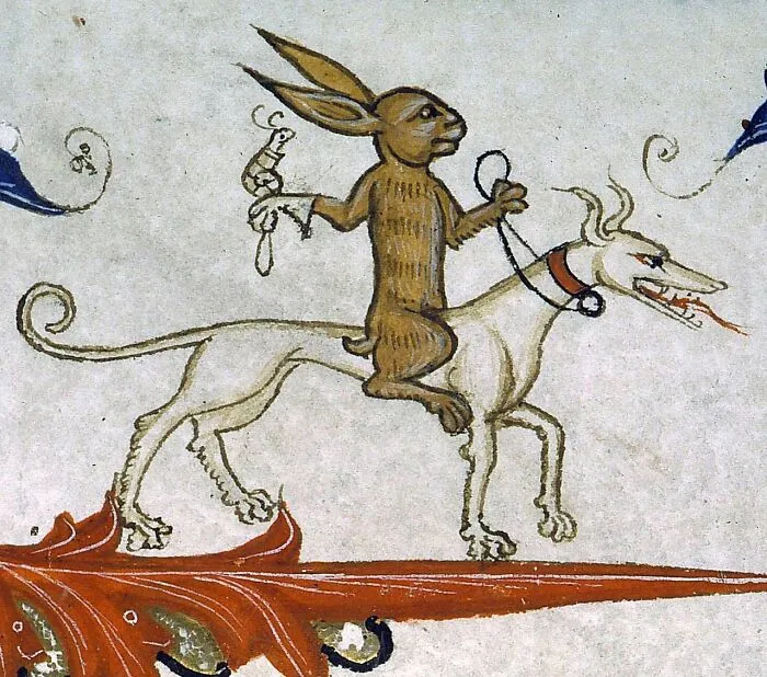 Hare Riding A Hound With A Trained Snail Of Prey, Before 1390
