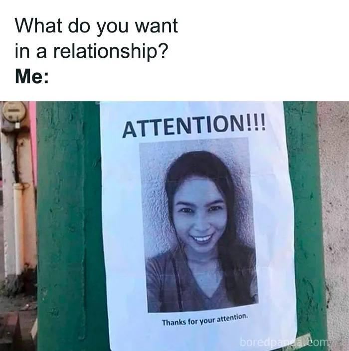 Funny relationship meme about wanting attention in a relationship