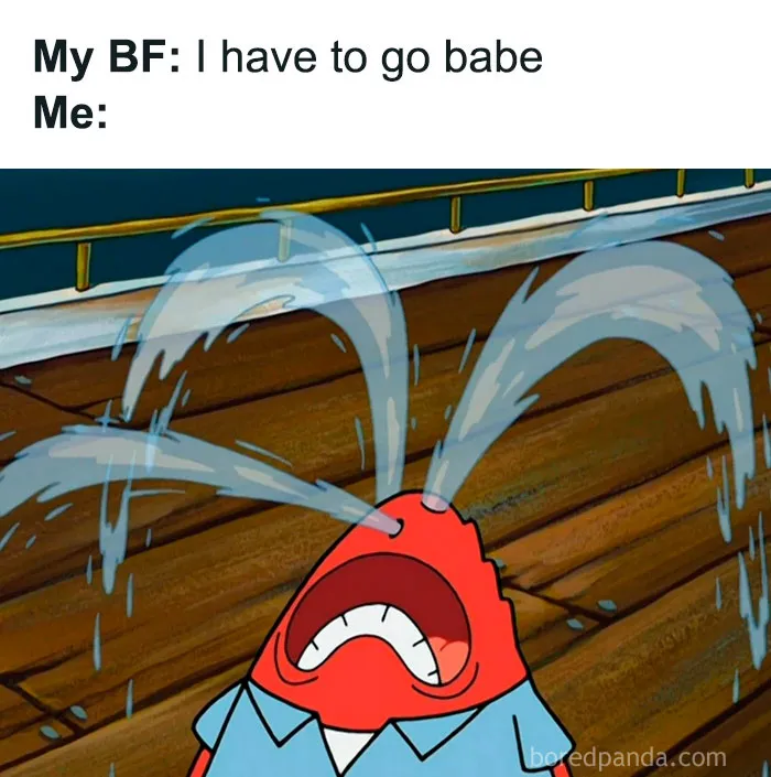 Cartoon character crying in emotional relationship meme