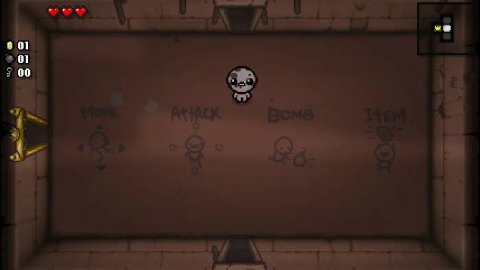 Pixel art game character in a dungeon tutorial room showing move, attack, bomb, and item controls from a popular game.