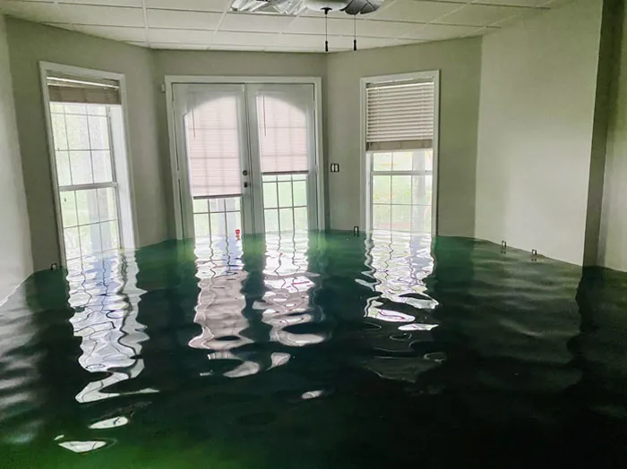 Flooded room with green-tinted water reflecting windows, showcasing nature's force in an indoor setting.