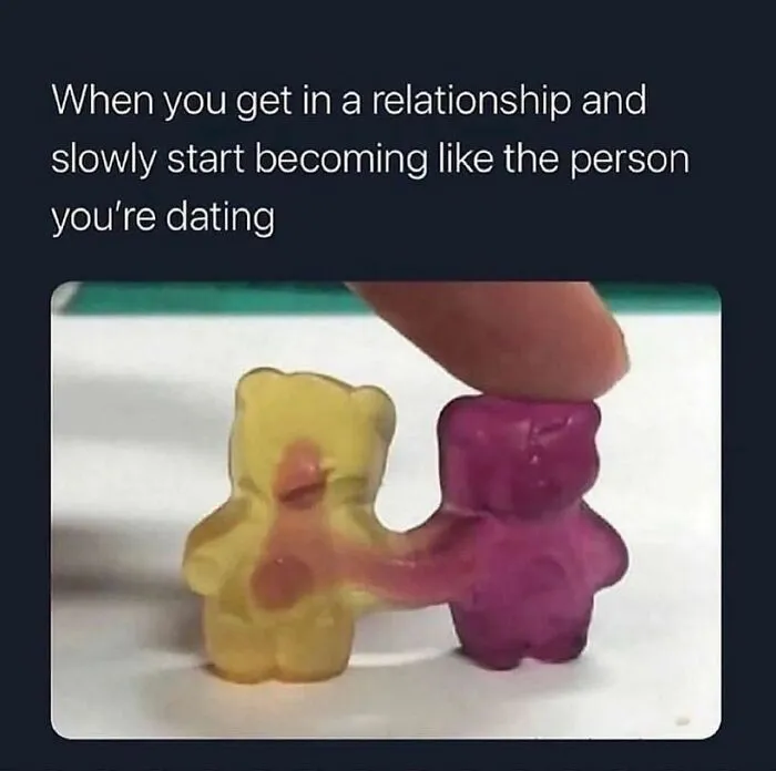 Relationship meme with gummy bears merging to show becoming like your partner