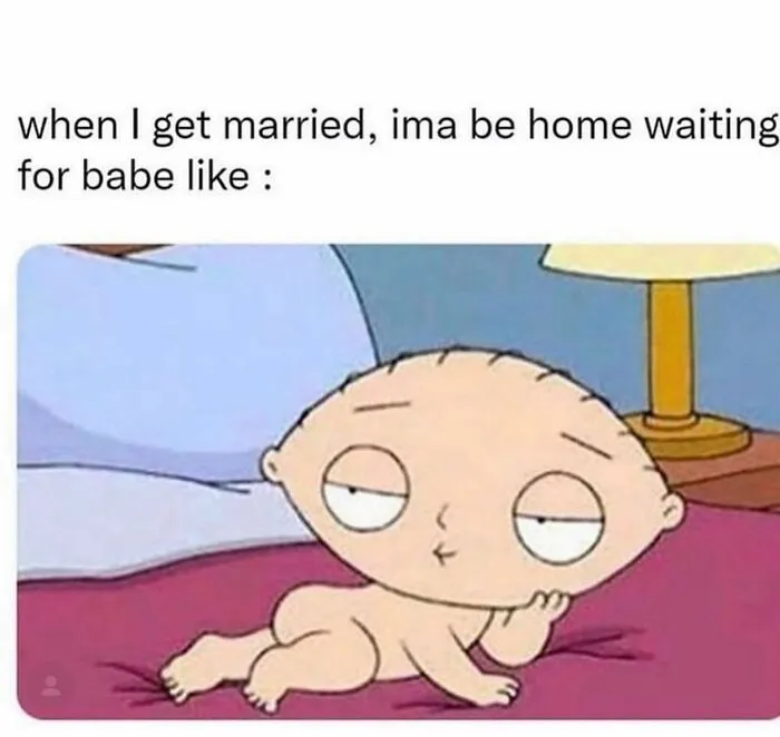 Cartoon character waiting at home for their partner after marriage meme