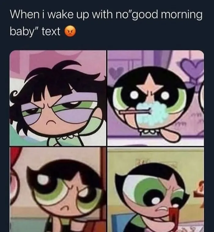 Cartoon character angrily missing good morning texts in relationship meme