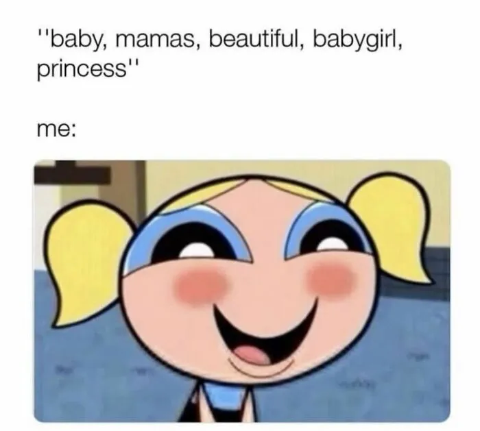Cartoon character smiling in response to pet names relationship meme