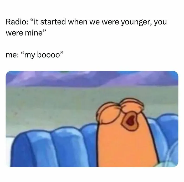 Cartoon fish reacting emotionally to love song on radio relationship meme