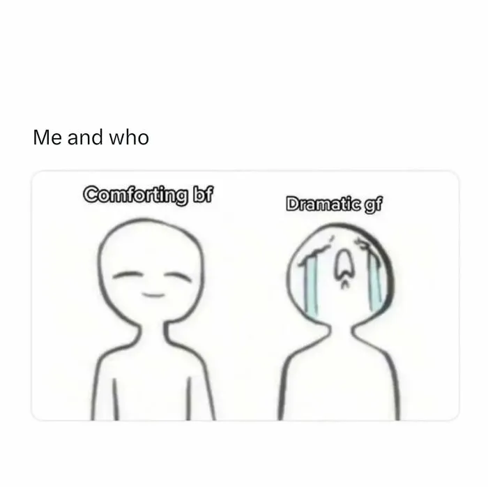 Simple drawing of comforting boyfriend and crying dramatic girlfriend in relationship meme
