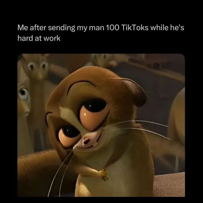 Cute animated character meme about sending TikTok videos during work