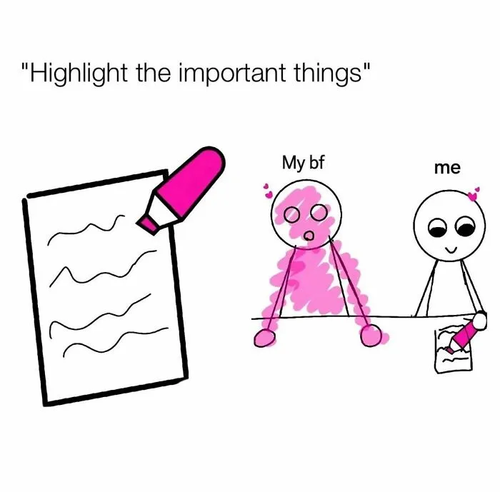 Cartoon highlighter drawing over stick figure representing couple highlighting important things in relationships