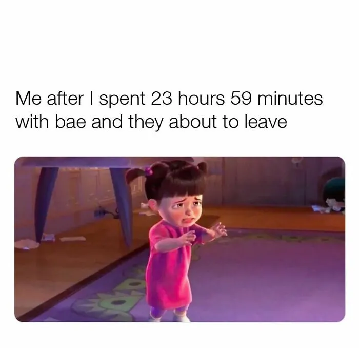 Animated girl looking sad as partner is about to leave after spending almost all day together