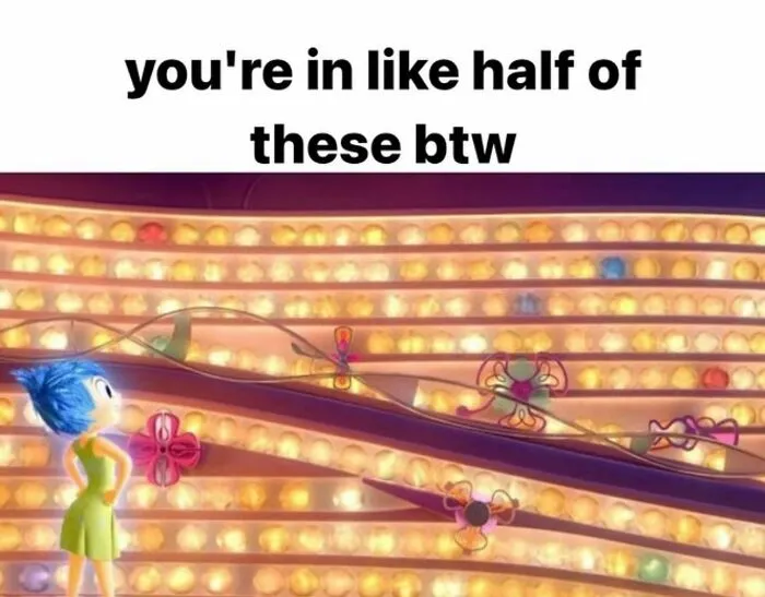 Funny relationship meme with cartoon character and text about being in half of these memes