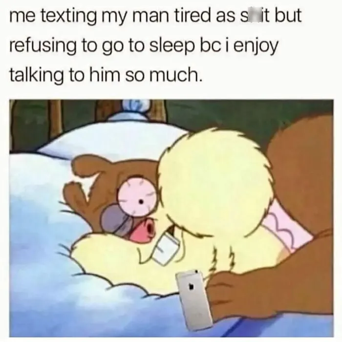 Tired texting meme showing animated character wide-eyed in bed