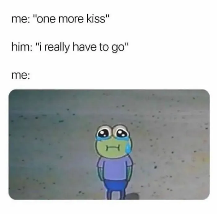 Relationship meme with crying cartoon frog asking for one more kiss
