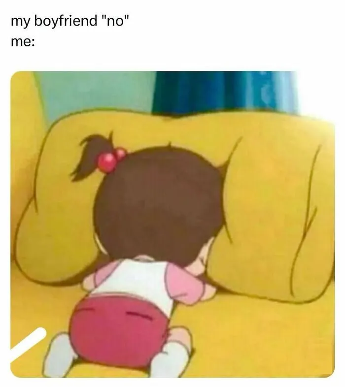 Animated child crying face down after boyfriend says no relationship meme