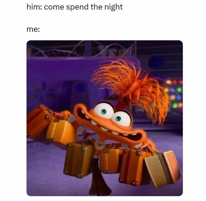 Funny relationship meme with animated character carrying many suitcases
