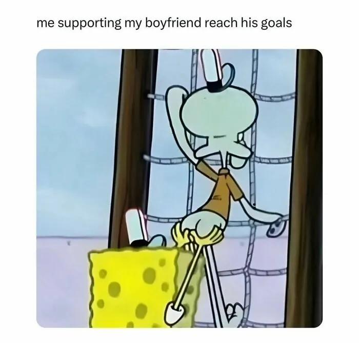 Supportive relationship meme with SpongeBob helping Squidward climb goal