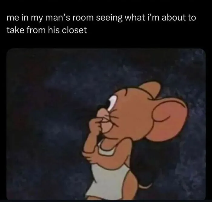 Funny relationship meme with cartoon mouse sneaking in boyfriend's room