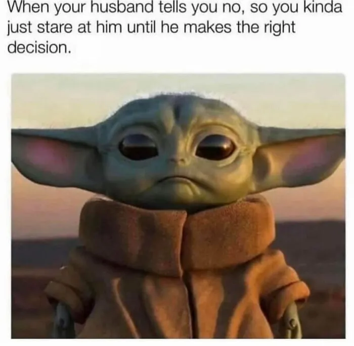 Funny relationship meme with Baby Yoda staring for right decision