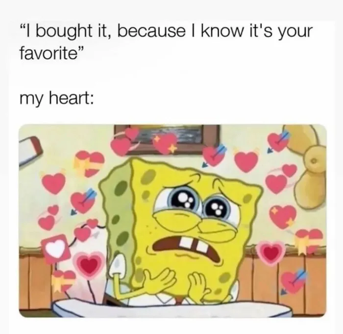 Relationship meme with SpongeBob full of hearts after a thoughtful gift