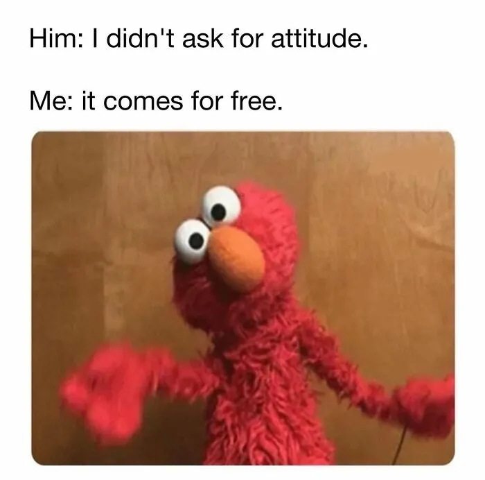 Elmo puppet showing attitude with caption about relationships attitude meme