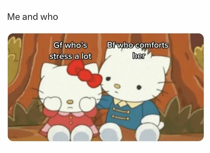 Hello Kitty couple meme showing stressed girlfriend and comforting boyfriend
