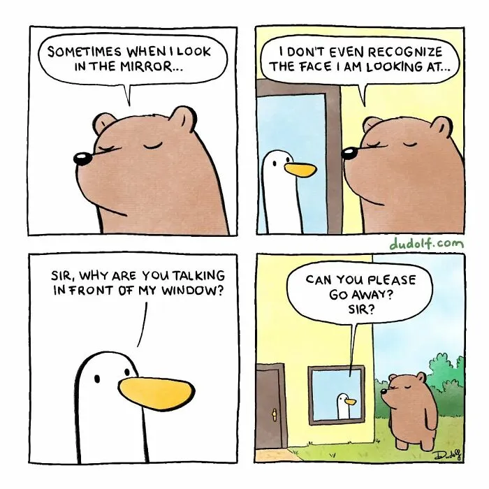 Comic strip featuring a bear and bird in a humorous dialogue outside a window.