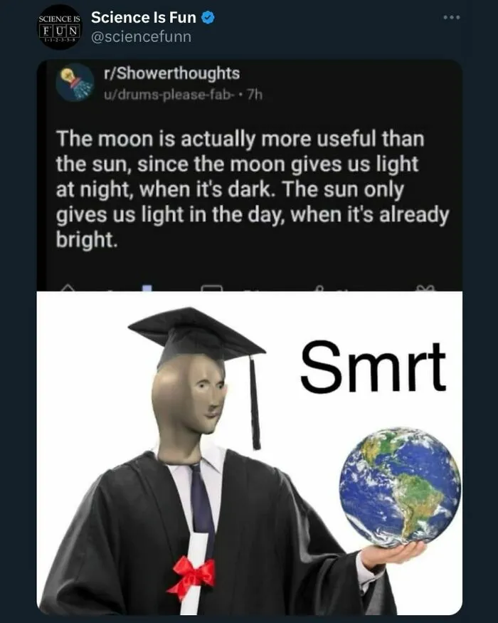 A funny science meme comparing the moon and sun with a character in a graduation gown holding Earth.