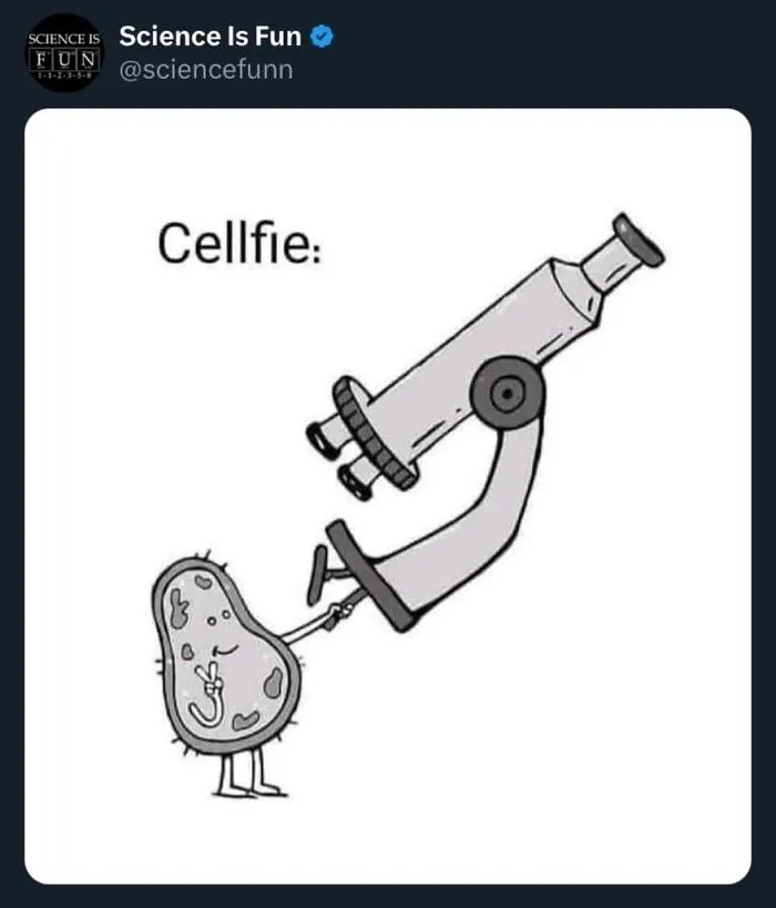 Cartoon bacteria taking a "cellfie" with a microscope, a hilarious science meme.