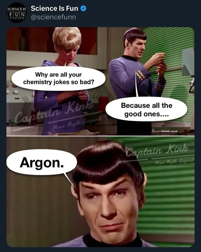 Humorous science meme featuring chemistry joke about argon, shared by "Science Is Fun" on social media.